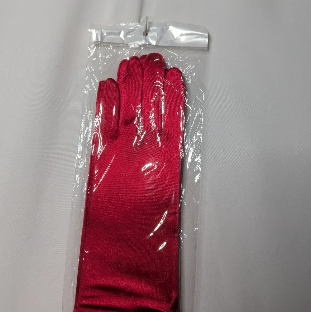 New Womens Red Semi Shiny Ruched Scrunched Satin Evening Gloves One Size